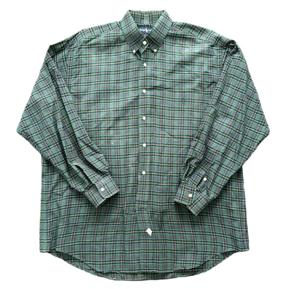 RALPH LAUREN THE BIG SHIRT BUTTON DOWN PLAID GREEN LONG SLEEVE LOGO COTTON LARGE